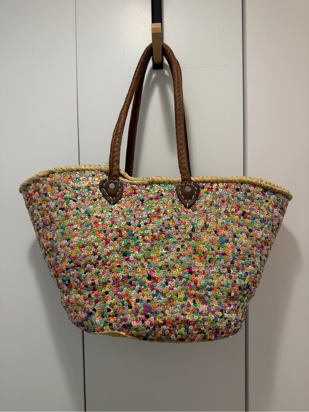 Multicolor Sequin Straw Tote Bag with Brown Handles ✨